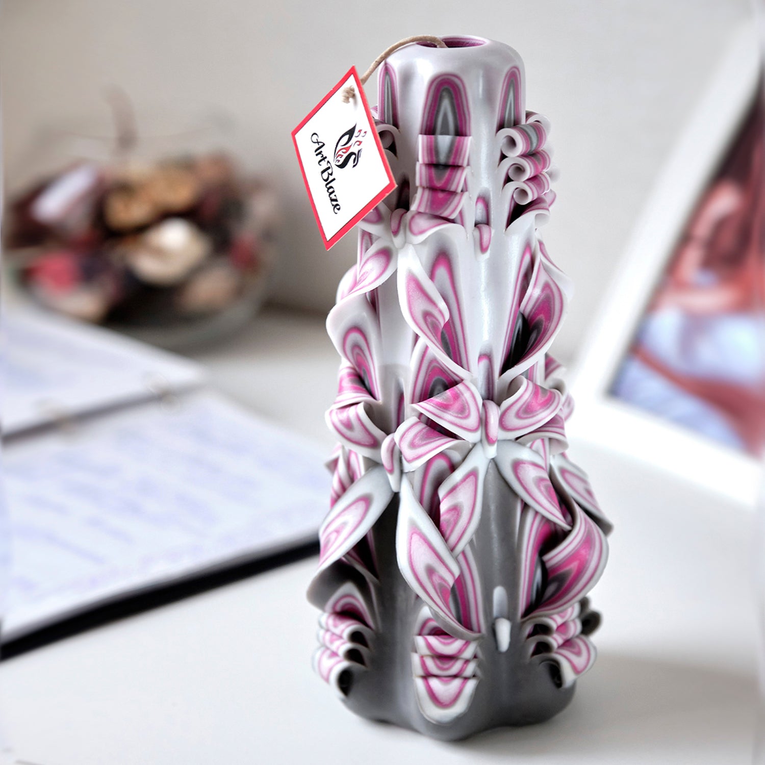 Carved candle "Crimson Haze" large